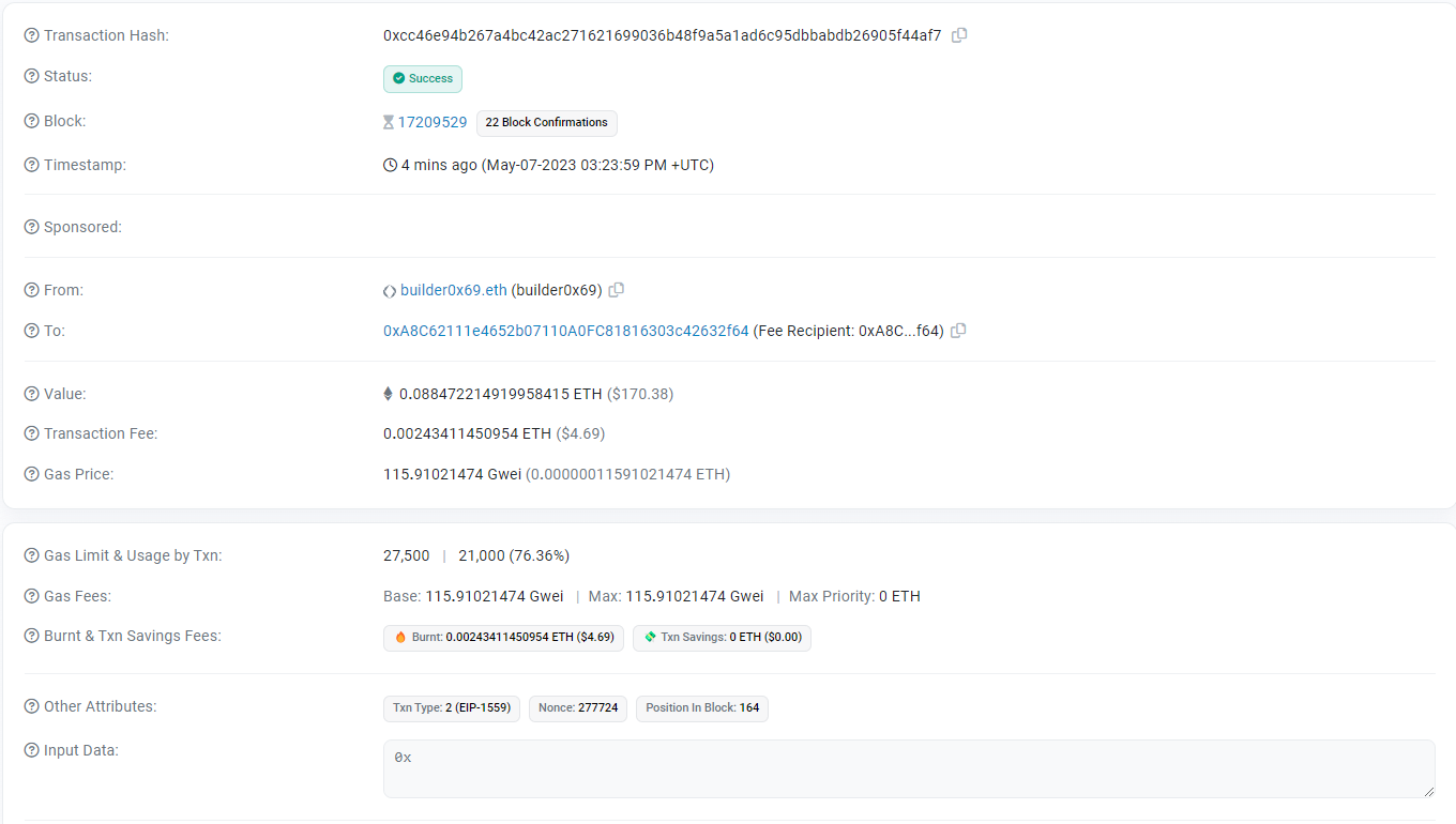 A snapshot of an Ethereum transaction receipt